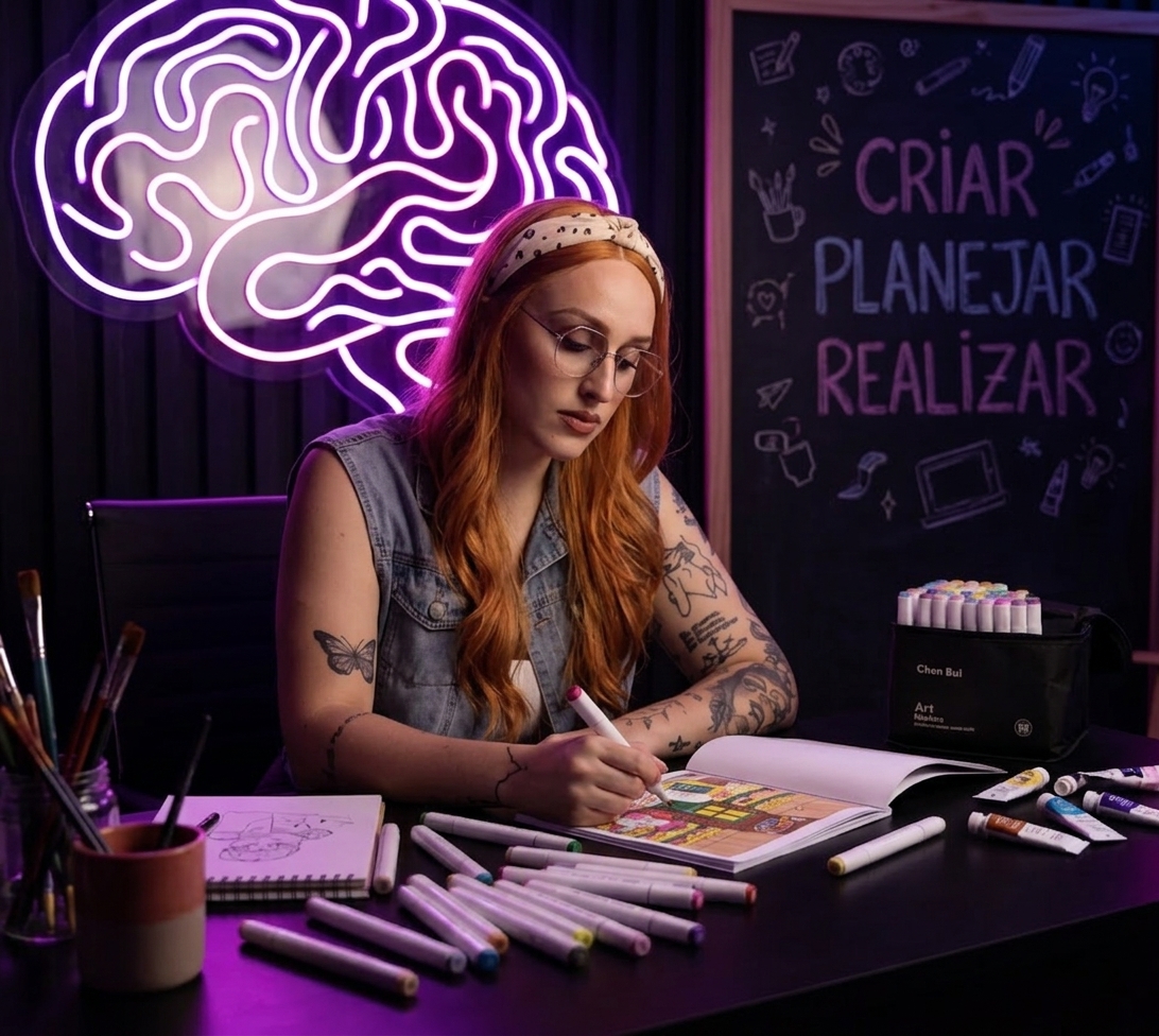 Artista criativa com cabelo ruivo desenhando em estúdio neon roxo